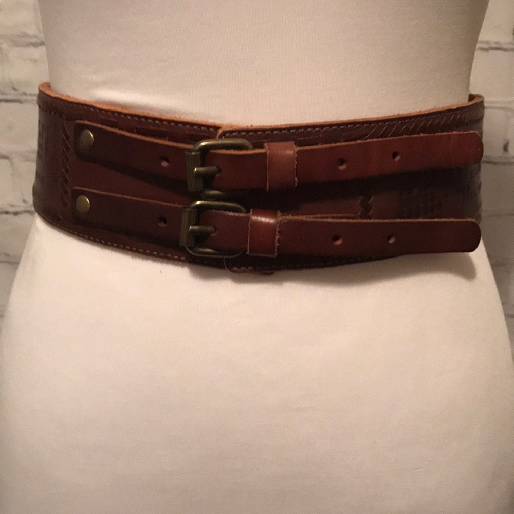 Anthropologie wide brown leather belt with buckles